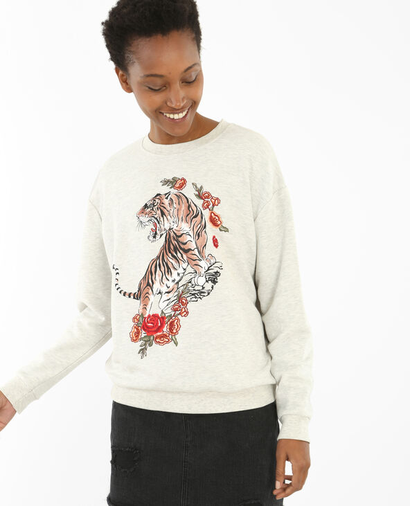Sweat tigre brodé gris chiné - Pimkie