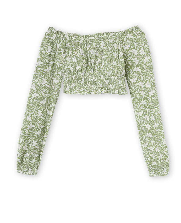 Blouse courte encolure Bardot motif fleurs vert - Pimkie