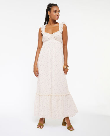 Robe longue motif fleurs avec volants blanc - Pimkie