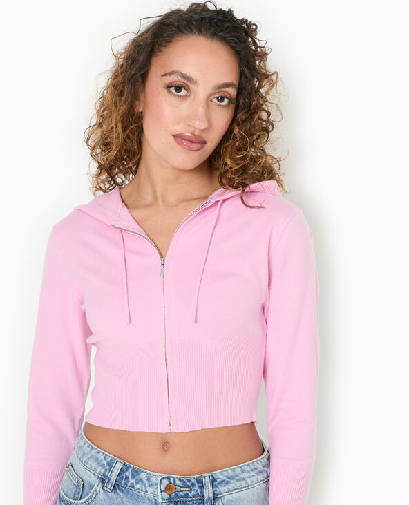 Gilet court zippé en maille fine avec capuche rose - Pimkie