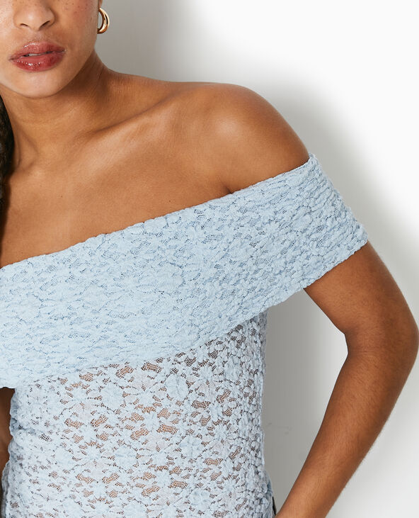 Top en dentelle encolure Bardot bleu clair - Pimkie
