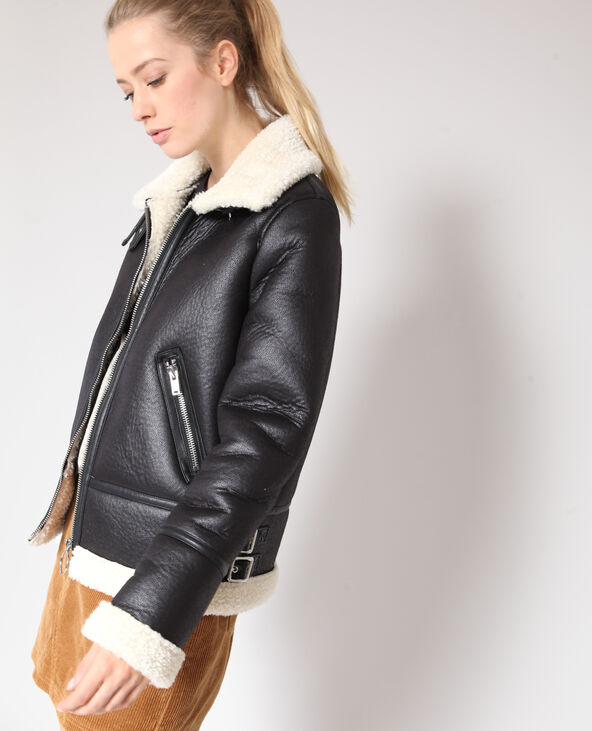 Blouson biker en fausse fourrure noir - Pimkie