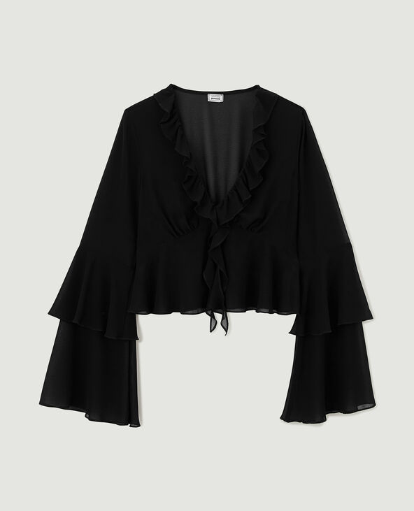 Blouse avec volants en voile noir - Pimkie