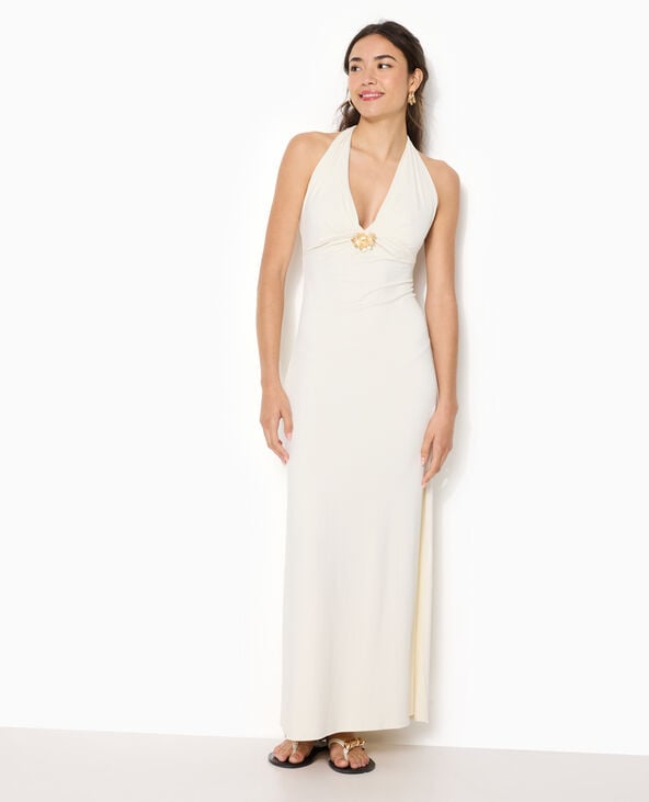 Robe longue dos-nu avec déco bijou fleur écru - Pimkie