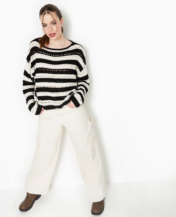 Pull rayé en maille ajourée façon crochet noir - Pimkie