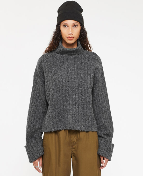 Pull court col roulé en maille côtes plates gris foncé - Pimkie