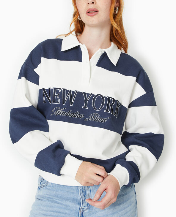 Sweat à rayures avec col polo et broderie bleu - Pimkie