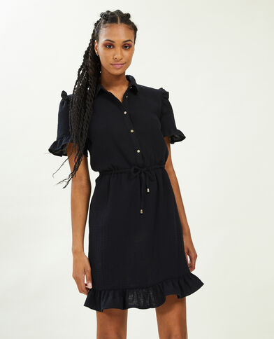 Robe courte boutonnée en gaze de coton noir - Pimkie