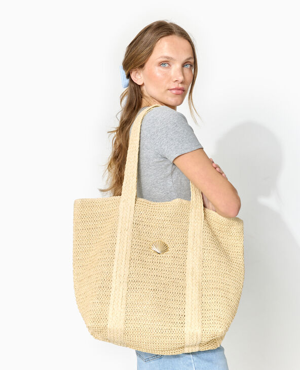 Grand sac cabas en raphia avec boucle coquillage beige - Pimkie