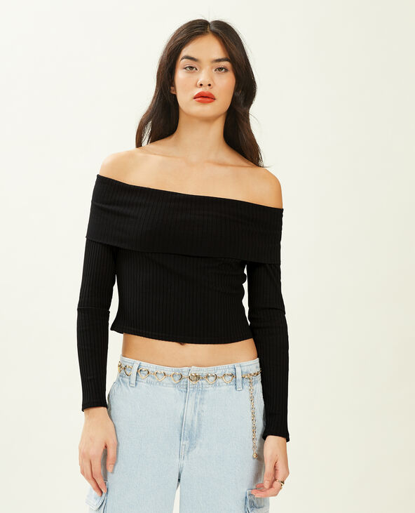 Top encolure Bardot maille côtelée noir - Pimkie