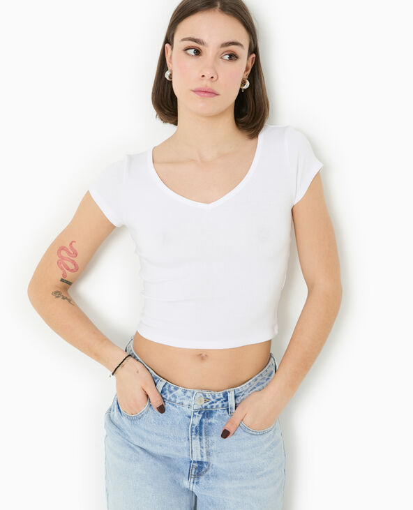 T-shirt court col V blanc - Pimkie