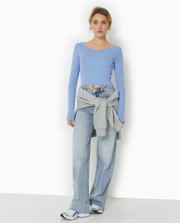 T-shirt court manches longues col V bleu clair - Pimkie