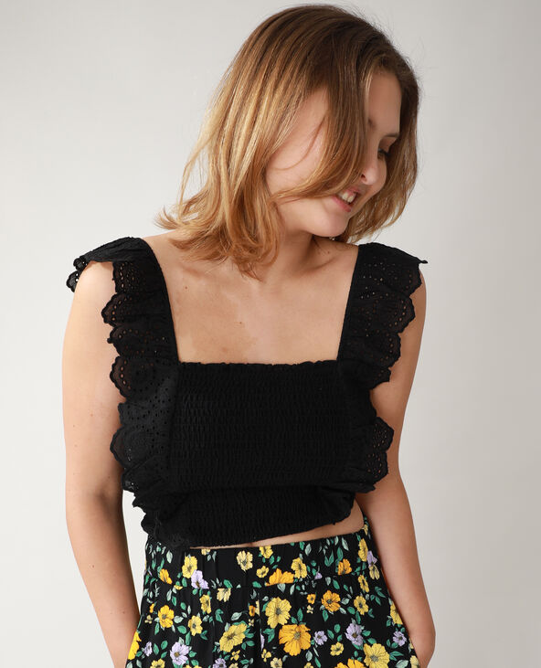 Top smocké avec broderie anglaise noir - Pimkie