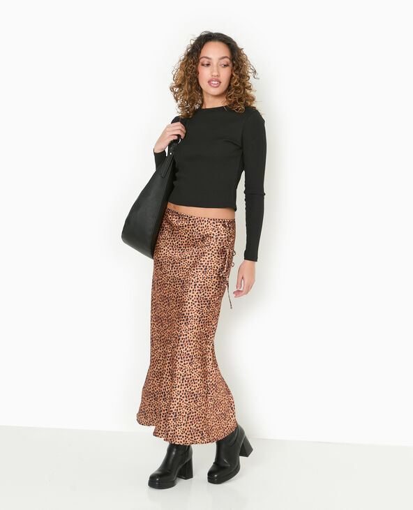 Jupe longue en tissu satiné motif léopard marron - Pimkie