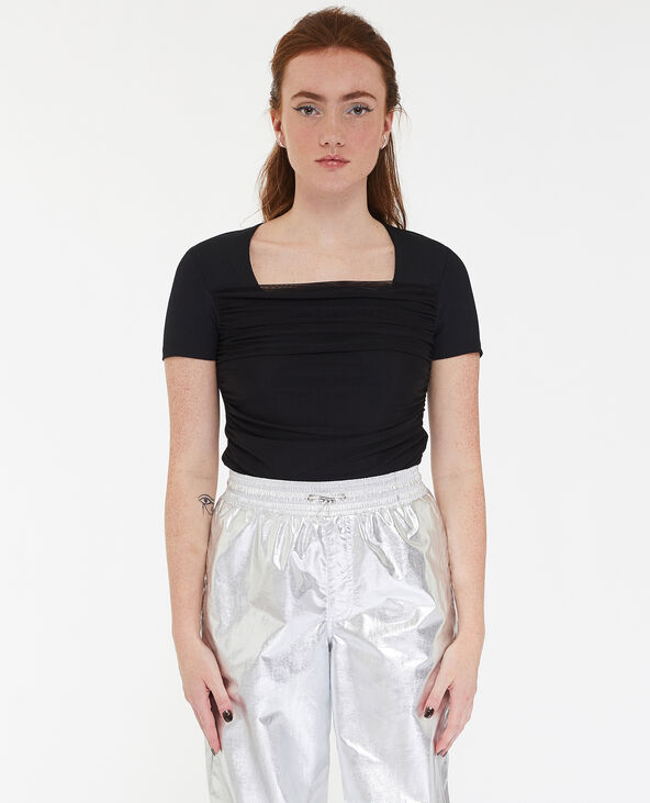 T-shirt col carré avec tulle drapé devant noir - Pimkie