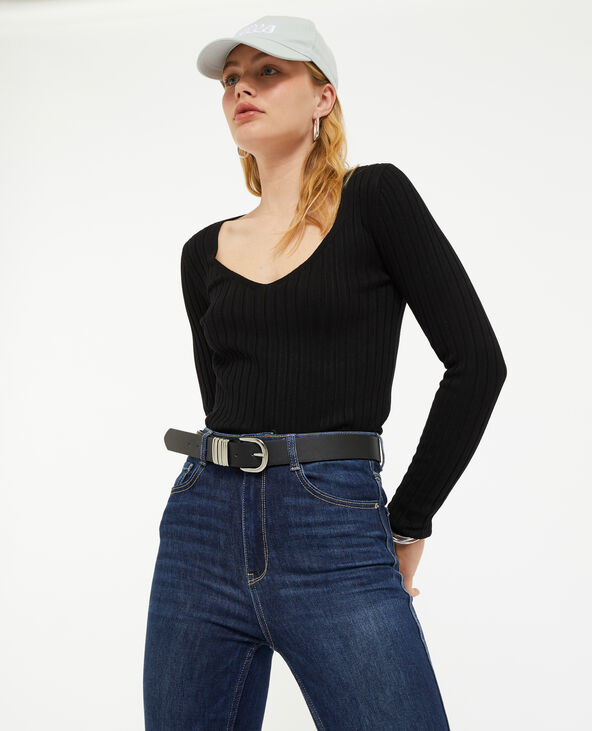 Pull col V en maille côtes plates noir - Pimkie