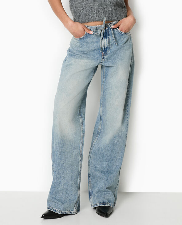 Jean droit taille basse avec ceinture à nouer bleu - Pimkie