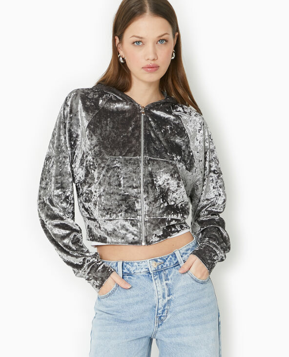 Sweat zippé en velours avec capuche gris - Pimkie