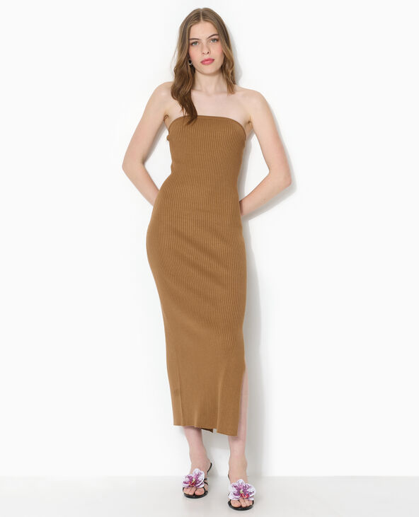 Robe longue bustier en maille côtelée marron - Pimkie