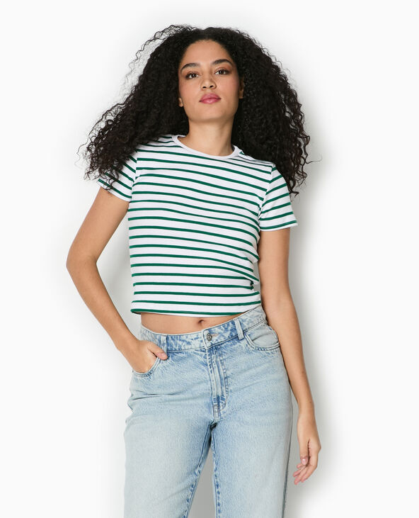 T-shirt court en maille côtelée rayée vert - Pimkie