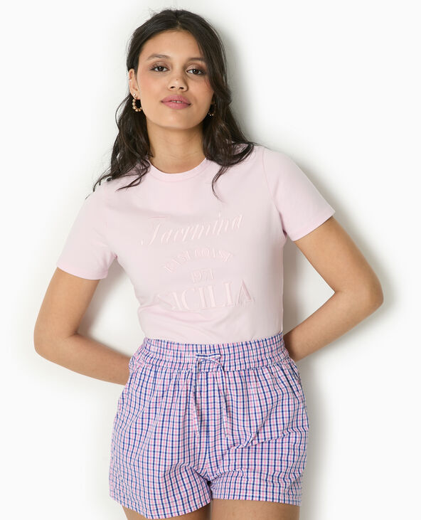 T-shirt court avec broderie ton sur ton rose clair - Pimkie