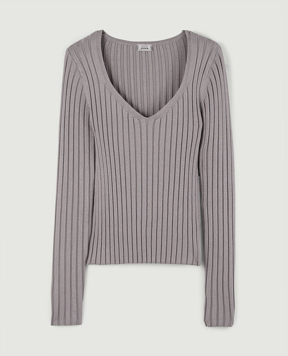 Pull col V en maille côtes plates gris - Pimkie