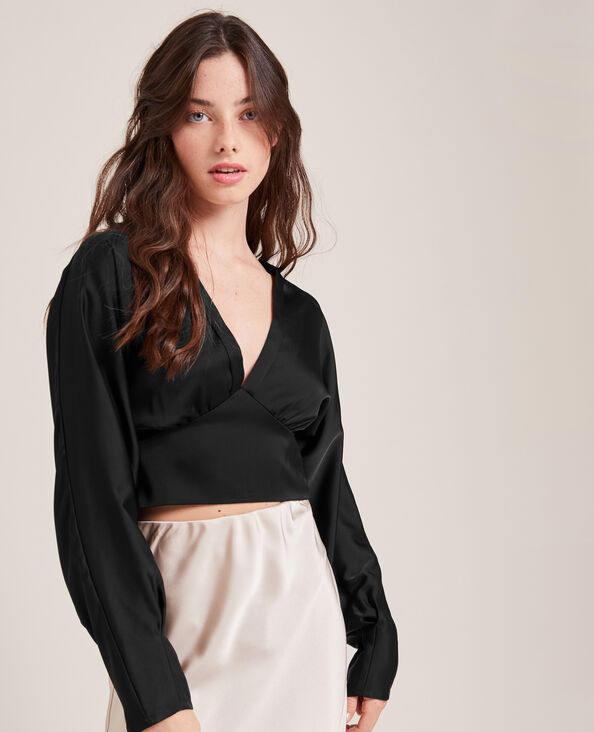Blouse courte en tissu satiné noir - Pimkie
