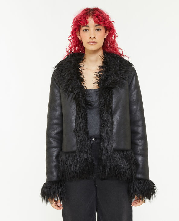 Veste en simili cuir et poils longs noir - Pimkie