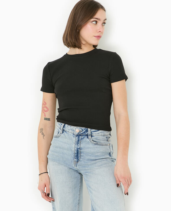 T-shirt court en maille côtelée noir - Pimkie