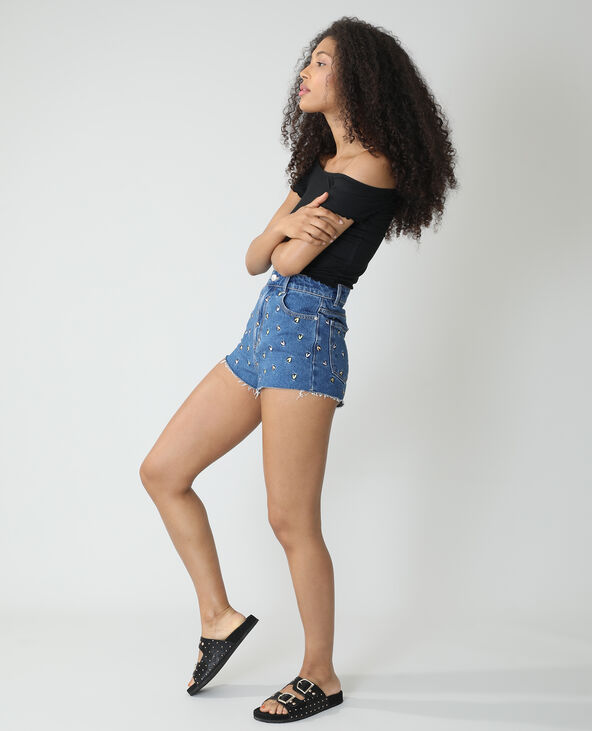Short en jean high waist avec cœurs brodés bleu - Pimkie