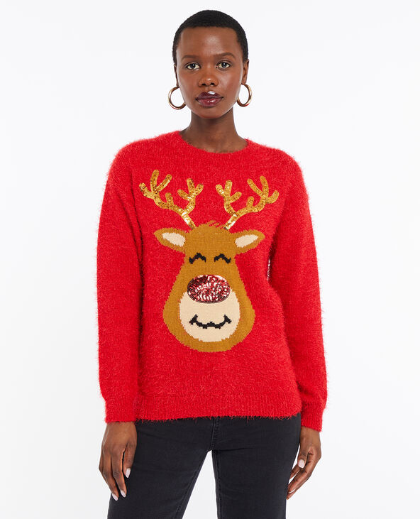 Pull de Noël avec renne en maille et sequins orange - Pimkie