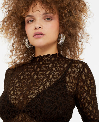 Top col montant en dentelle marron - Pimkie