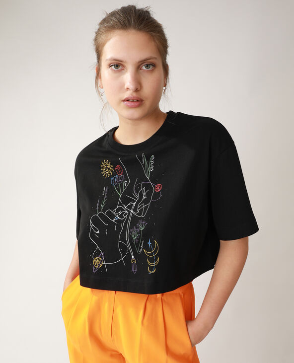 T-shirt cropped motifs mains et fleurs noir - Pimkie