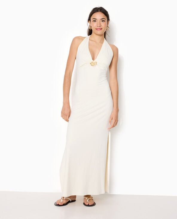 Robe longue dos-nu avec déco bijou fleur écru - Pimkie