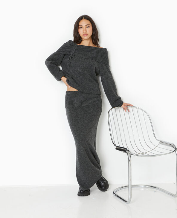 Jupe longue en maille avec ceinture revers gris foncé - Pimkie