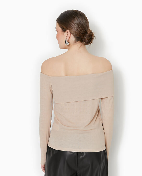 Top en maille côtelée encolure Bardot beige - Pimkie