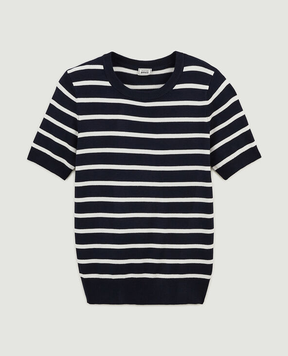Pull manches courtes rayé en maille fine bleu marine - Pimkie