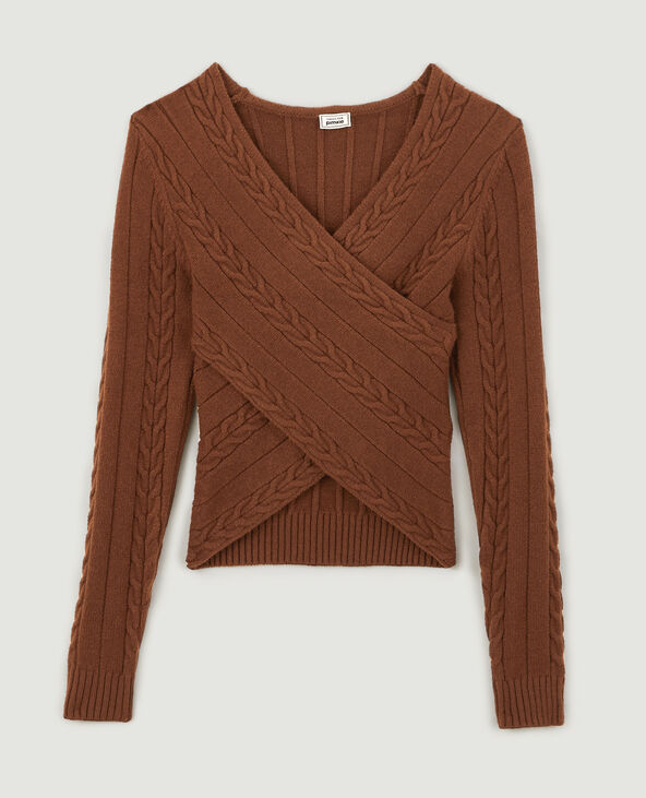 Pull torsadé cache-cœur marron - Pimkie
