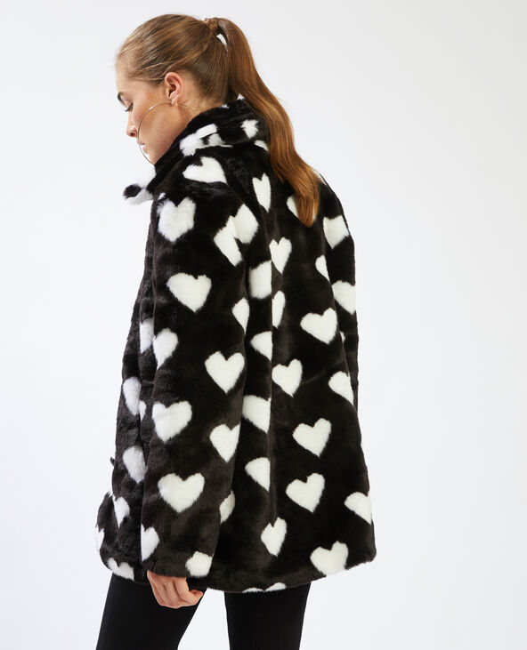 Manteau fausse fourrure imprimé cœurs noir - Pimkie