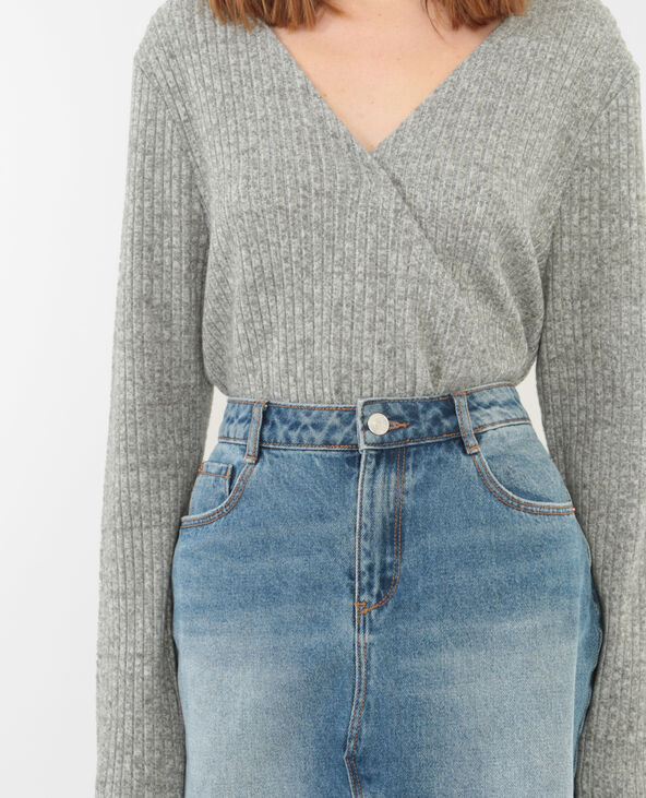 Pull côtelé cache-cœur gris chiné - Pimkie