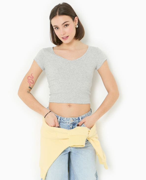 T-shirt court col V gris chiné - Pimkie