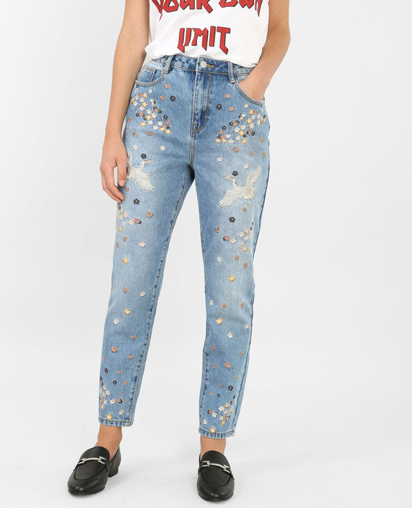 Jean mum à broderies bleu - Pimkie