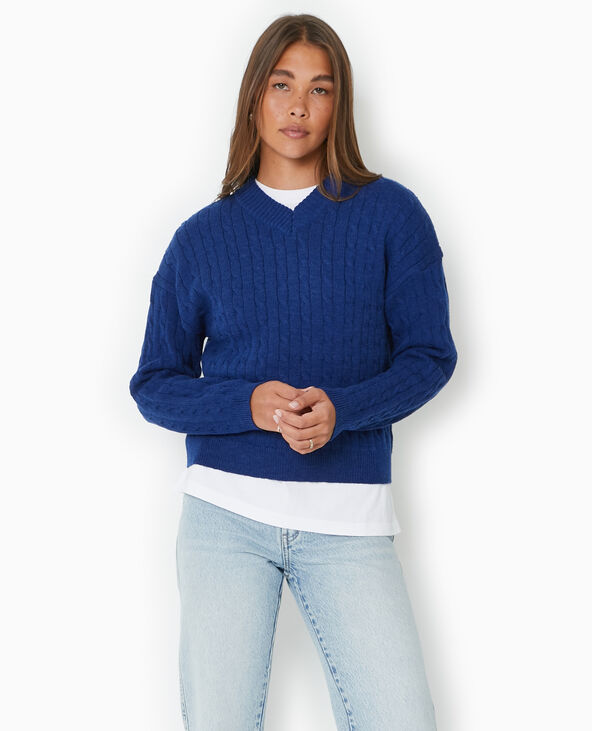 Pull en maille torsadée col V bleu marine - Pimkie