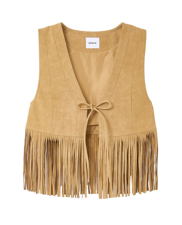 Gilet sans manches en suédine avec franges camel - Pimkie