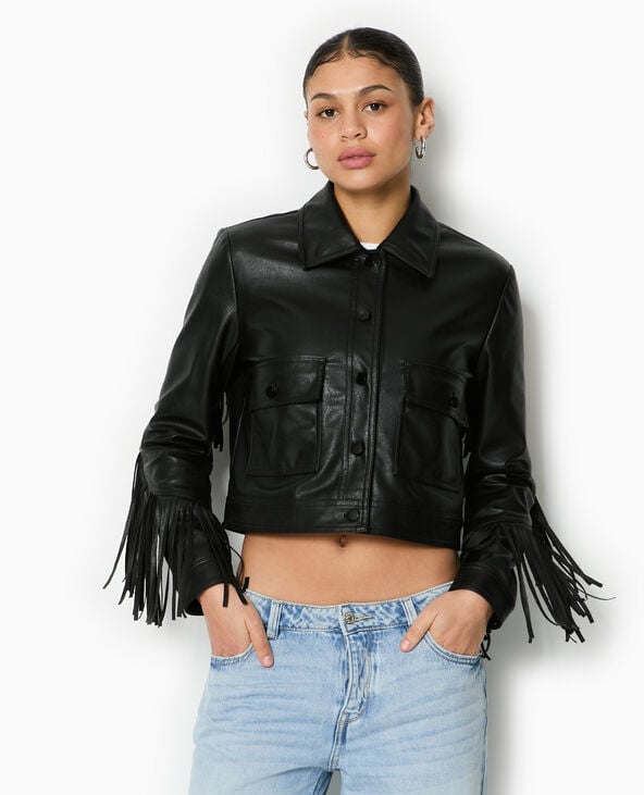 Veste courte en simili avec franges noir - Pimkie