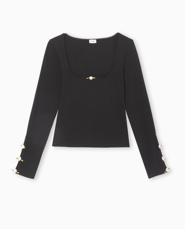 Top manches longues avec roses en satin noir - Pimkie
