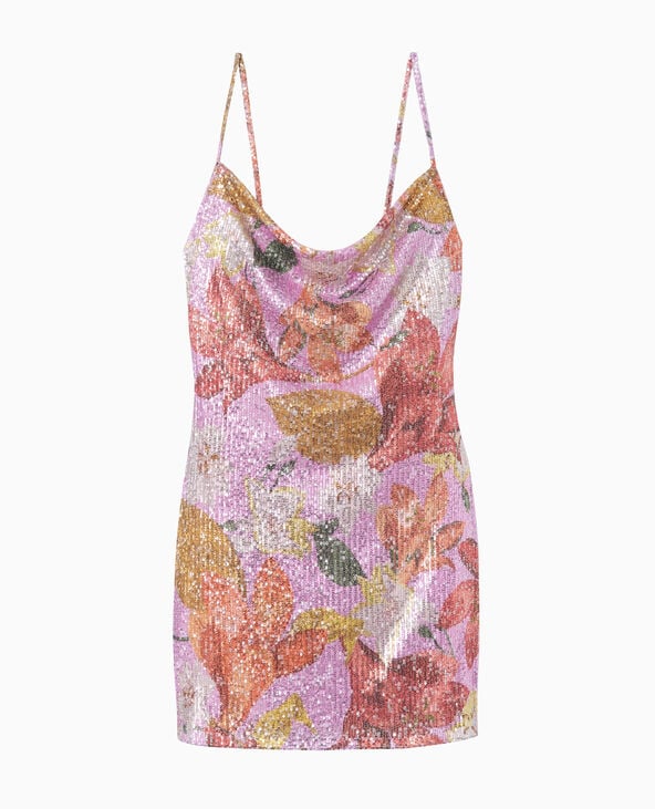 Robe courte avec sequins motifs fleurs et citrons rouge - Pimkie