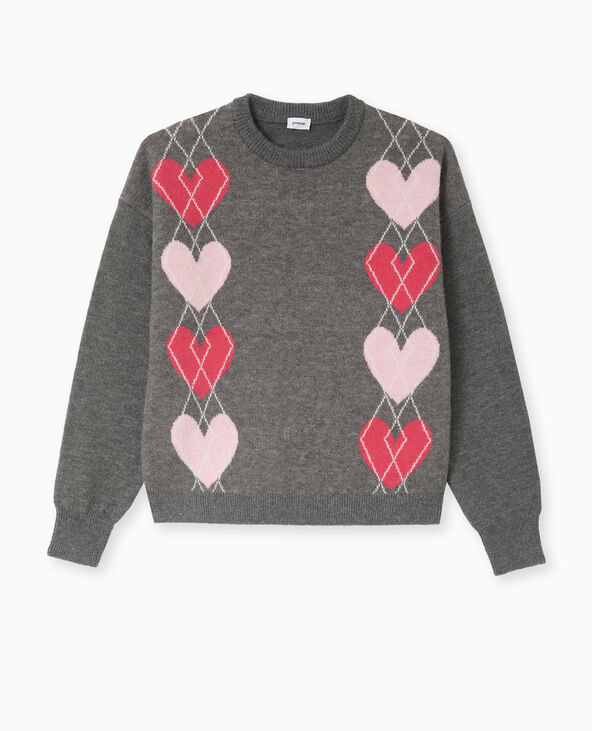 Pull col rond motif jacquard et cœurs gris foncé - Pimkie
