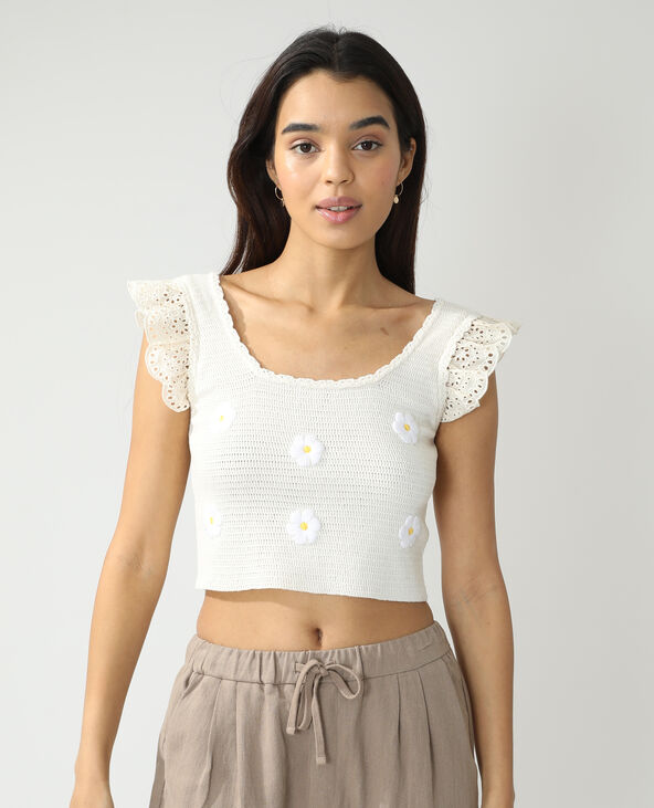 Top fleuri à dentelle anglaise écru - Pimkie