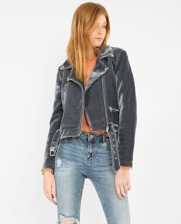 Veste biker effet velours gris foncé - Pimkie